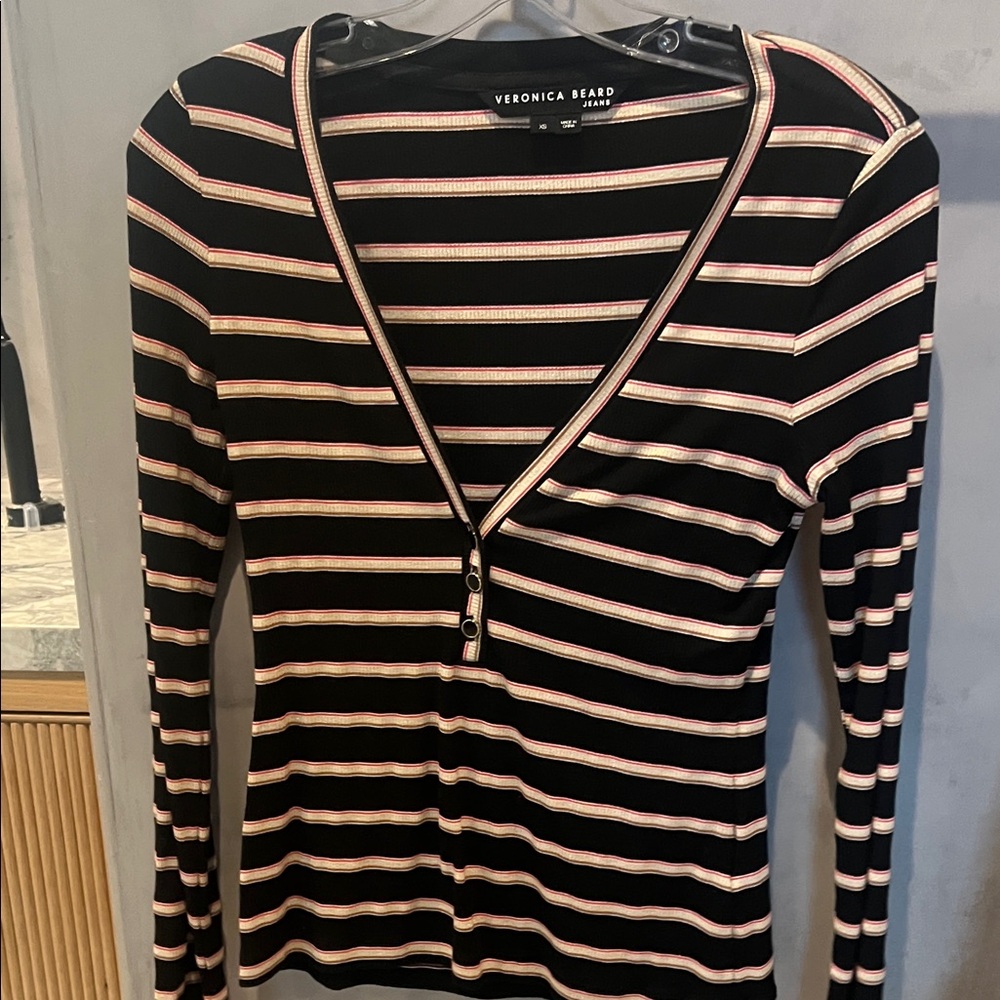 Veronica Beard Black and Pink Striped Long Sleeve Top